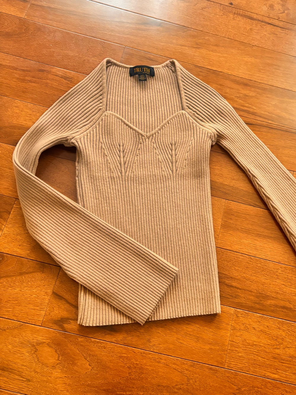 Ribbed Sweetheart-Neck Sweater in Camel